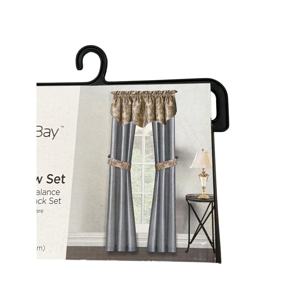 Comfort Bay Riviera 5 Piece Window Set Grey Gold‎ Damask 54 x 84 2 Pack